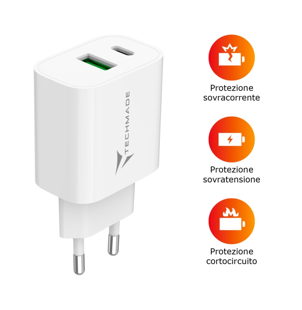 Techmade Caricabatteria 20wcon porta usb-c + usb-a
