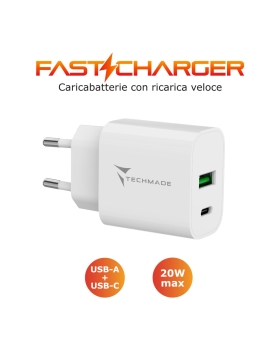 Techmade Caricabatteria 20wcon porta usb-c + usb-a