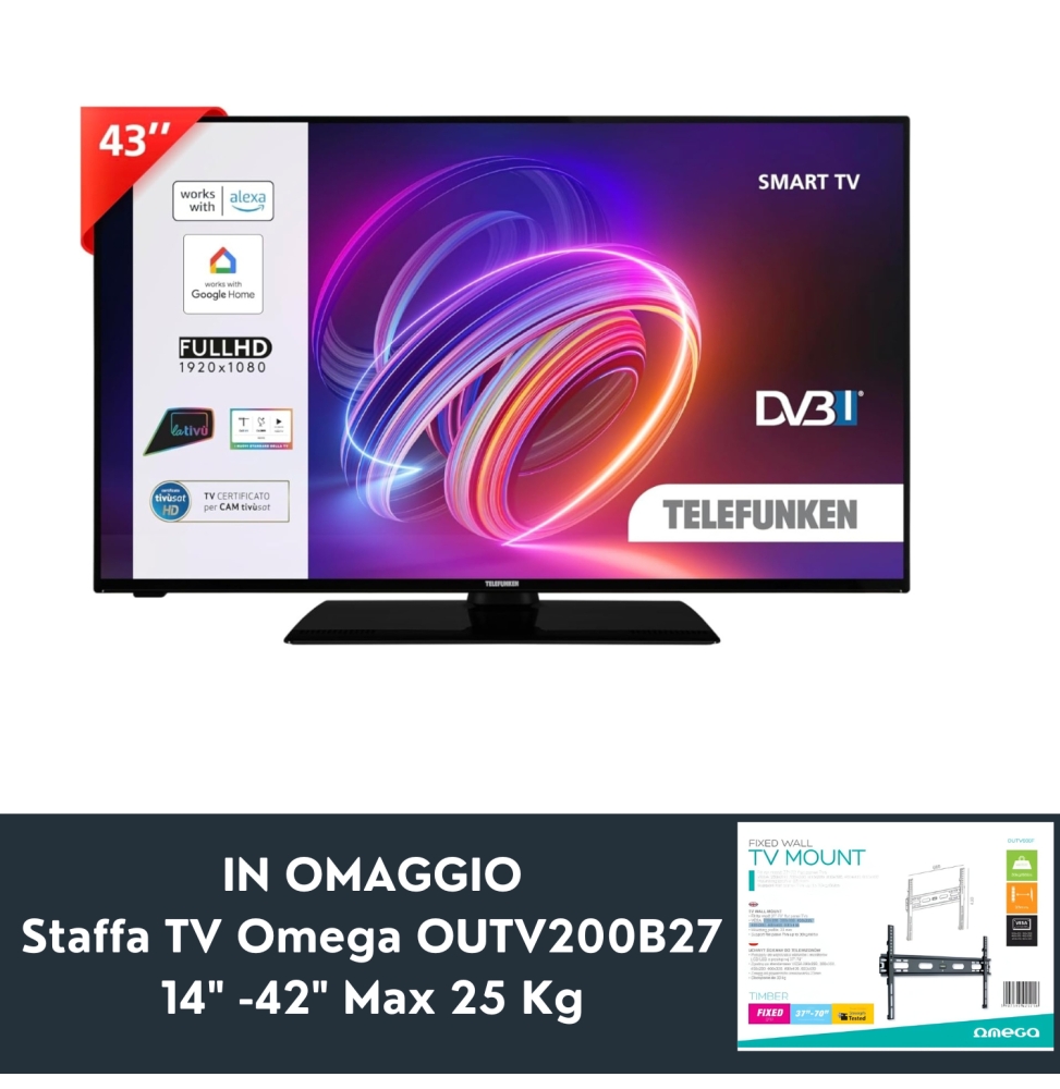 Telefunken Te43551b42 Smart 43" Full Hd-dvb-t2 + Omega Staffa Tv Outv600f