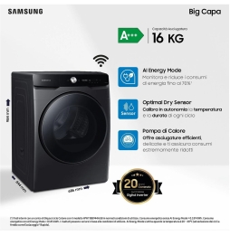 Samsung Asciugatrice 16 Kg Classe A+++ Inverter con Pompa di Calore Profondità 84 cm Wi-Fi colore Nero - DV16DG8600BVU3